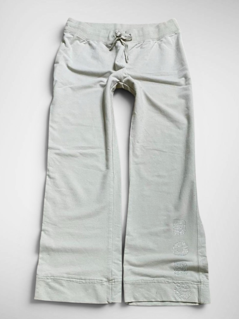 Y2K BCBG Cream Beige Low Rise Rhinestone Logo Track Pants